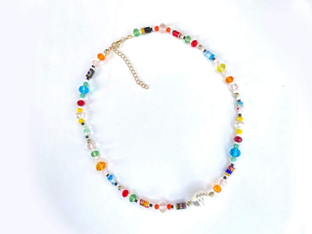 Tiny Colorful Pearl Beaded Necklace, Mixed glass seed and clay beads Choker, Indie Boho Trendy Rainbow Summer Necklace 