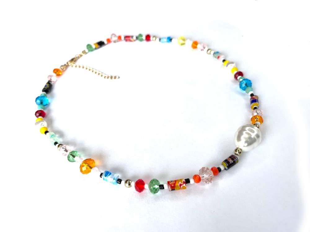 Tiny Colorful Pearl Beaded Necklace, Mixed glass seed and clay beads Choker, Indie Boho Trendy Rainbow Summer Necklace 
