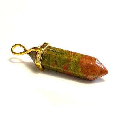 Unakite Jasper Hexagonal Pointed Gemstone Pendant, Gold Plated Brass, Crystal Healing Pendant, Boho Hippie Crystal 