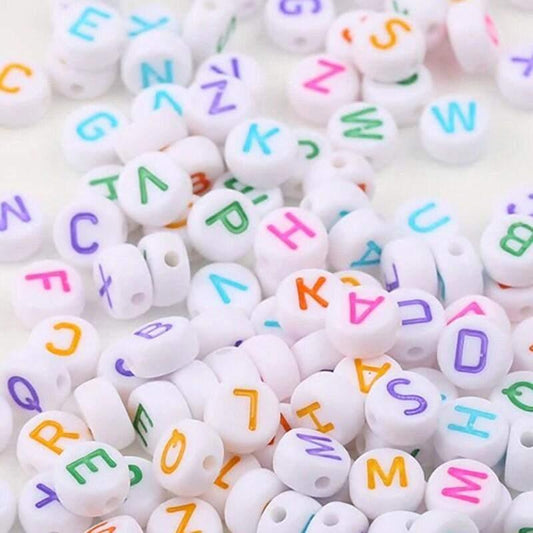 White ABC Round Letter Beads, 7mm A-Z Multi Coloured Mixed Carved  Acrylic  Letter Beads, 100pcs 