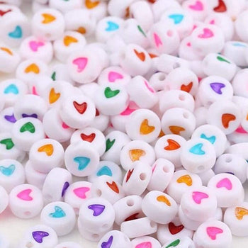 White Heart flat round Acrylic Beads, 7mm Coloured Mixed plastic Carved beads 100pcs 