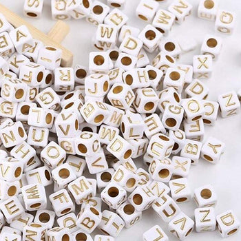 White Letter Cube Beads, 6mm Alphabet plastic Carved Square Symbo Beads, 100pcs 