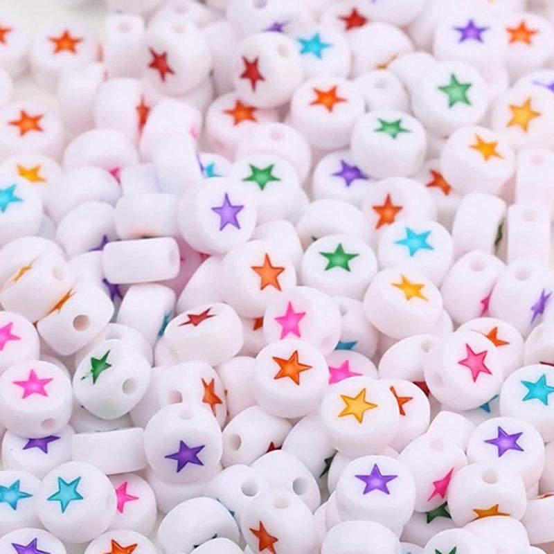 White Star flat round Acrylic Beads, 7mm Coloured Mixed plastic Carved beads, 100pcs 