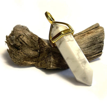 White Turquoise Hexagonal Pointed Gemstone Pendant, Gold Plated Brass, Crystal Healing Pendant, Boho Hippie Crystal 