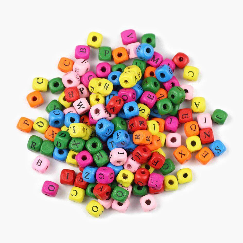 Wood Mixed Albhabet Letter beads, Square Dyed Natural Wood Loose Beads, Jewelry Findings 100pcs 8/10mm 